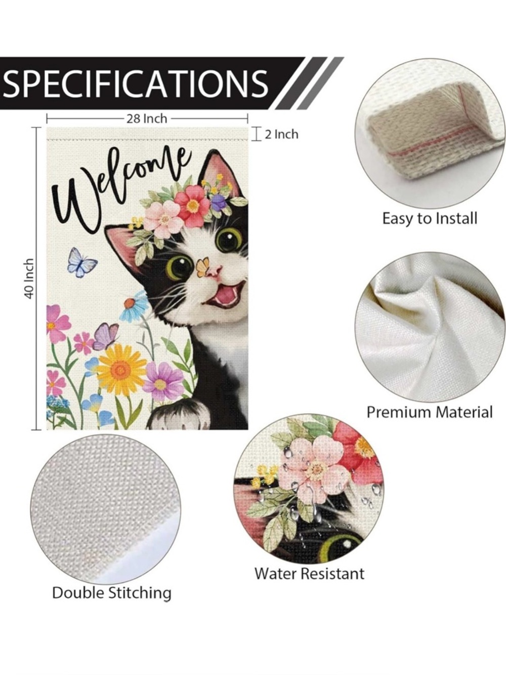 Heyfibro Burlap Welcome Garden Flag 28x40” Cat Flowers Butterflies Spring Summer - Picture 2 of 5
